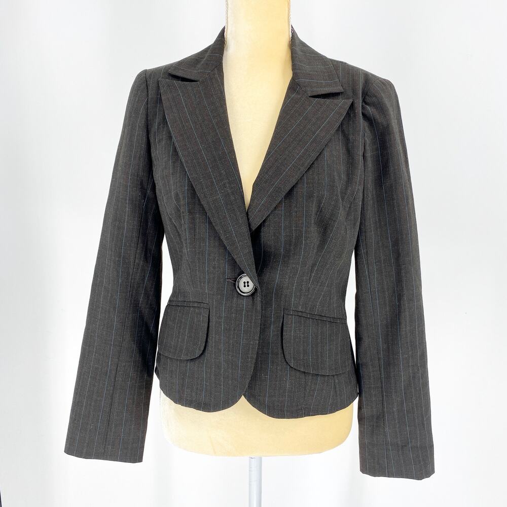 TRINA TURK Womens Blazer Size 2 Brown Blue Pinstripe Career Short Jacket USA